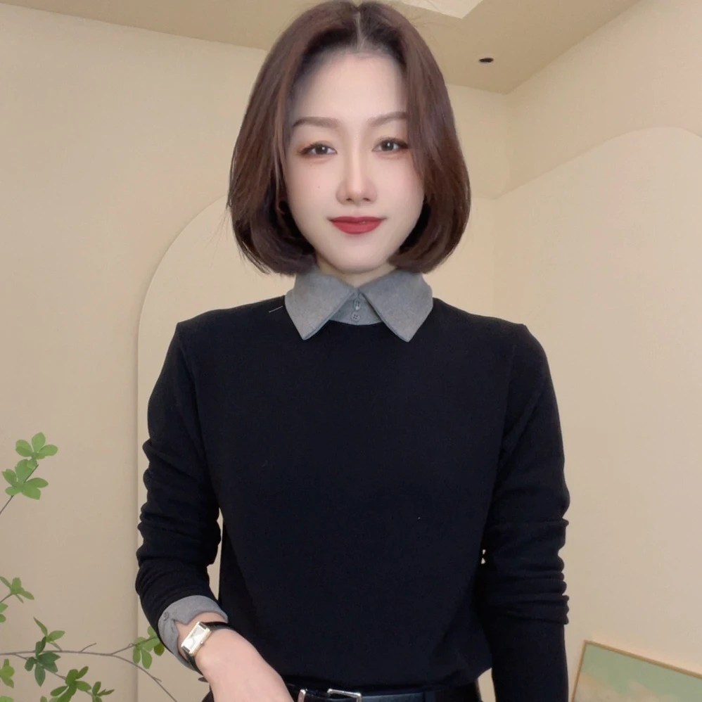 5105冬季新款撞色假两件时尚百搭显瘦女士上衣简约修身小衫