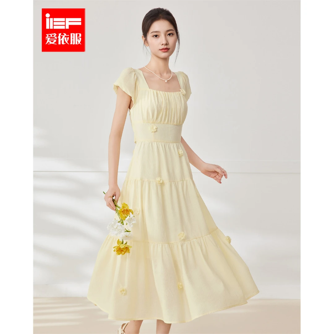 IEF/爱依服2025夏新款法式优雅连衣裙温婉大方衣服掐腰中长款裙子