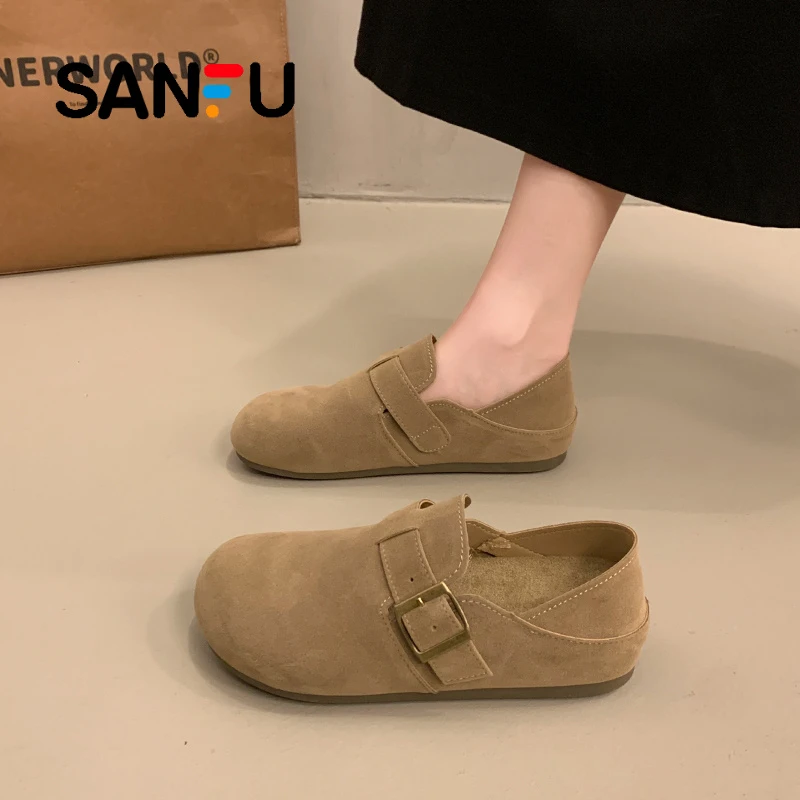 三福加绒勃肯鞋2025新款春秋平底防滑博肯单鞋一脚蹬包头懒人鞋