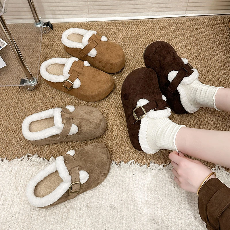 厚底加绒包头半拖鞋女外穿2025秋冬新款毛毛勃肯鞋懒人保暖棉拖鞋
