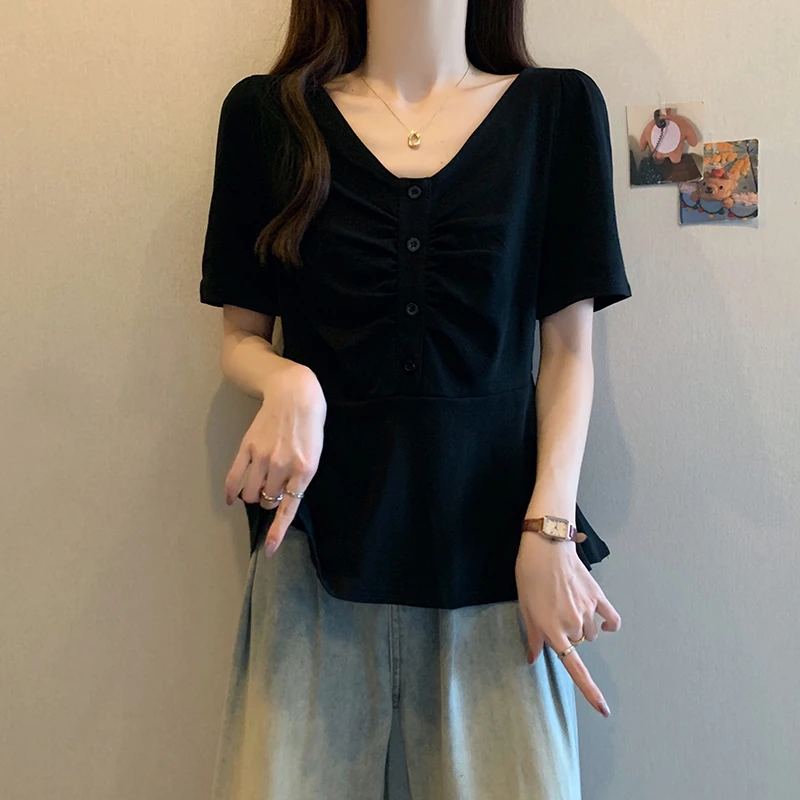 遮肚子显瘦上衣女夏季2025新款时尚设计感褶皱减龄洋气短袖v领T恤