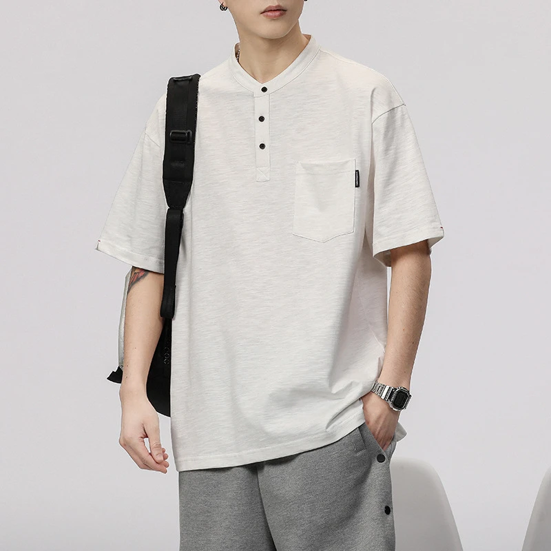夏季透气竹节棉亨利衫美式复古黑色男士短袖t恤男宽松口袋休闲短t