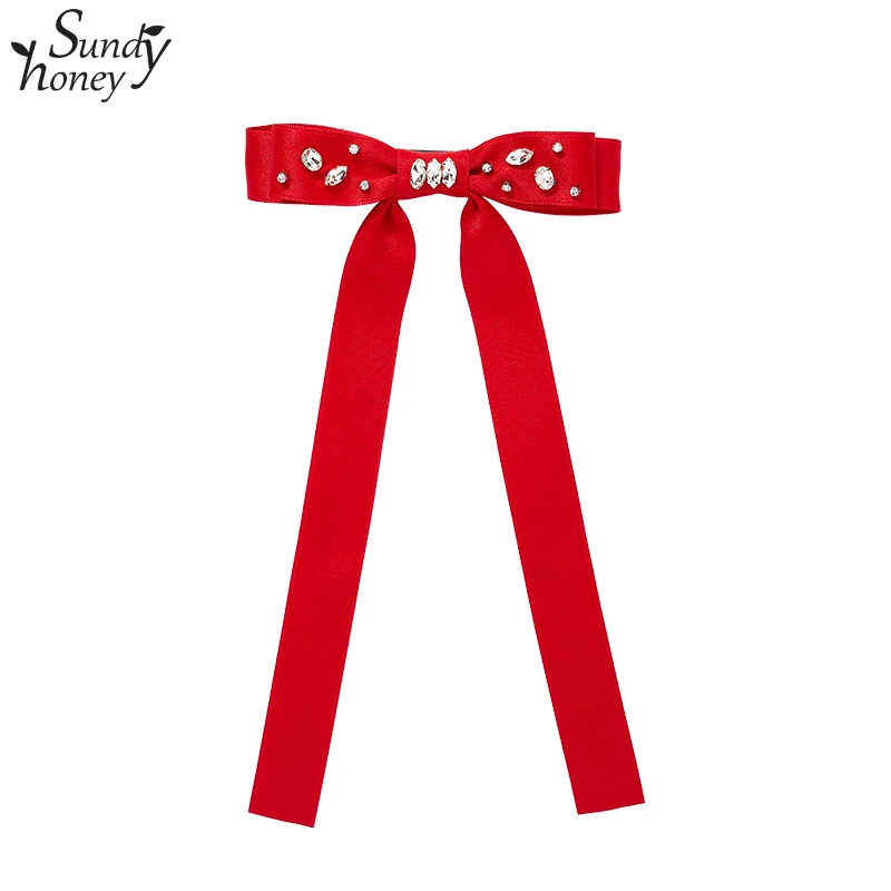 SUNDYHONEY飘带红色新年蝴蝶结发夹弹簧夹高马尾后脑勺气质发饰