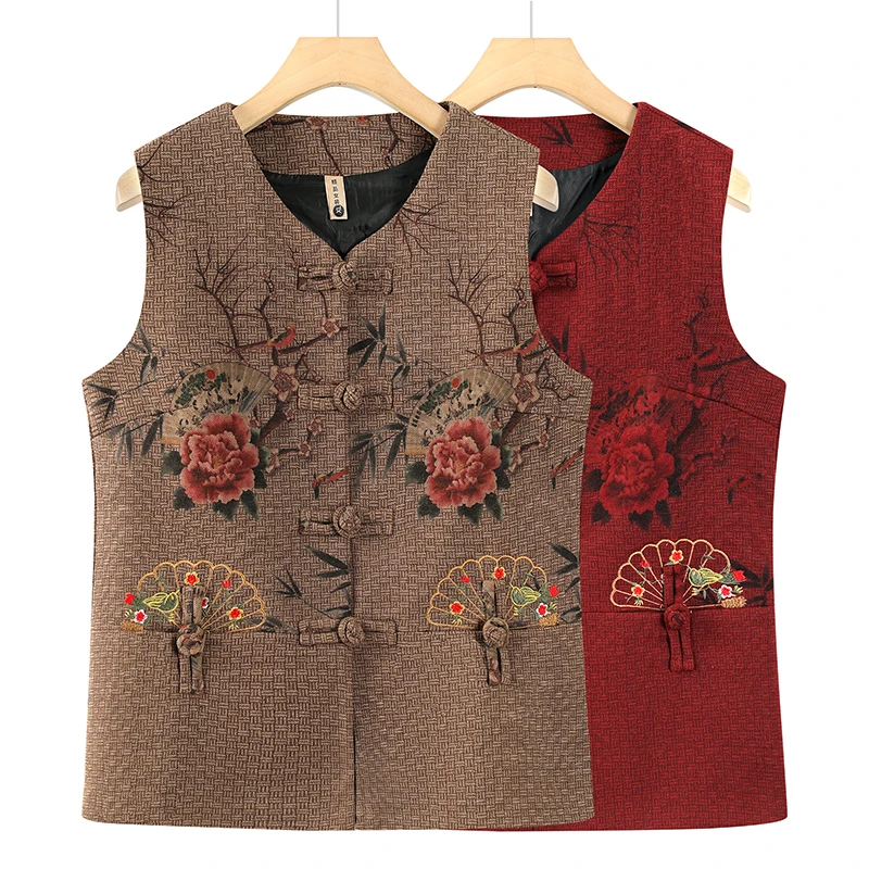 新款新中式国风盘扣妈妈马甲春秋款中老年坎肩女装复古中国风无袖