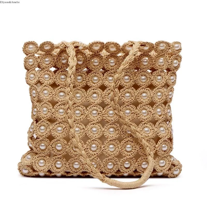 618新款Ins潮流珍珠镶饰品时尚编织包包编织女包草编包休闲百搭