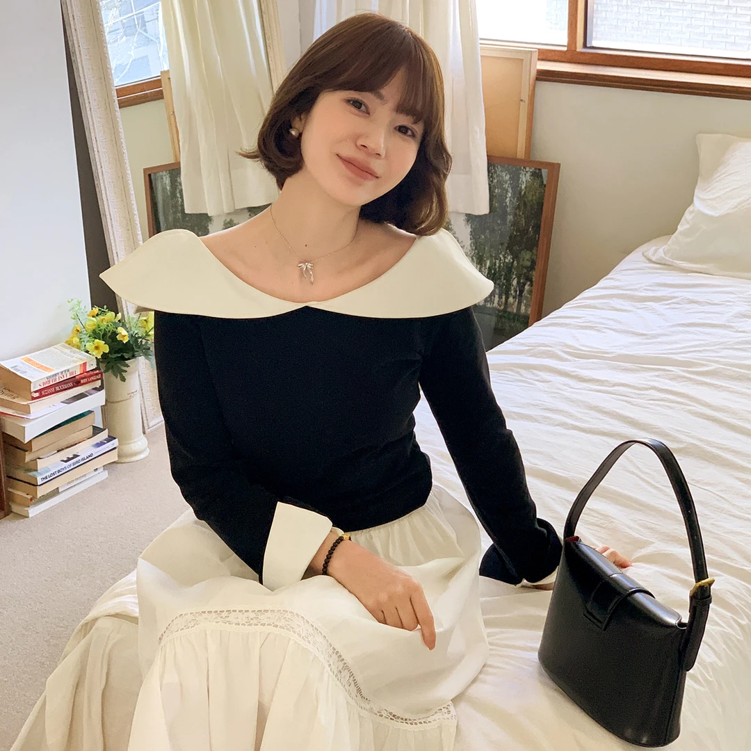 法儿家韩国限定【新品】【天鹅印象】FS501S027撞色荷叶边翻领上衣