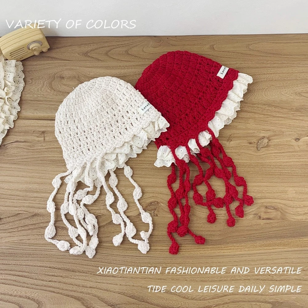 儿童镂空针织帽子宝宝可爱公主花边流苏帽秋冬女童保暖洋气套头帽