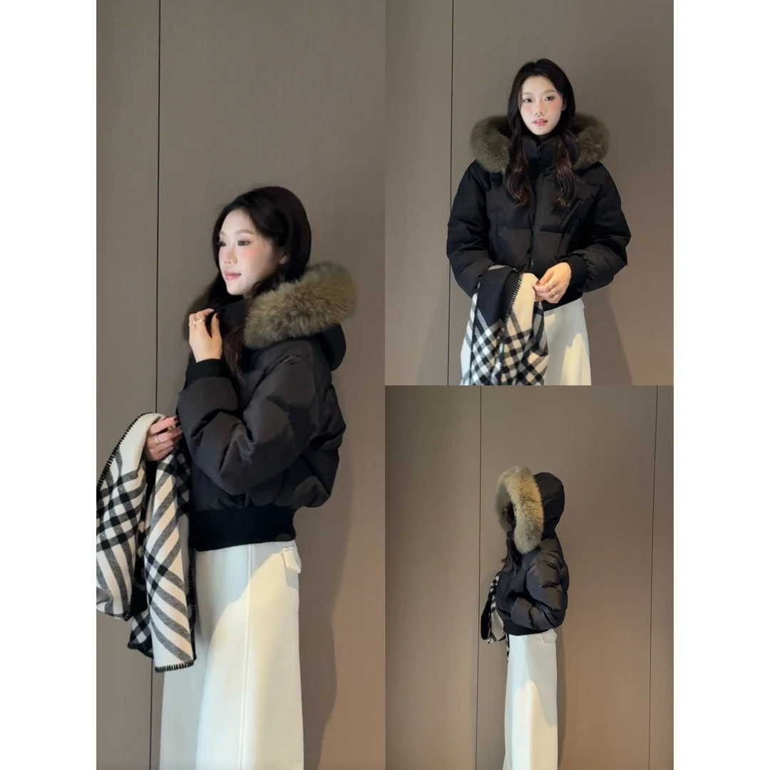 551211#收腰大毛领羽绒服2025年短款90白鸭绒加厚小个子