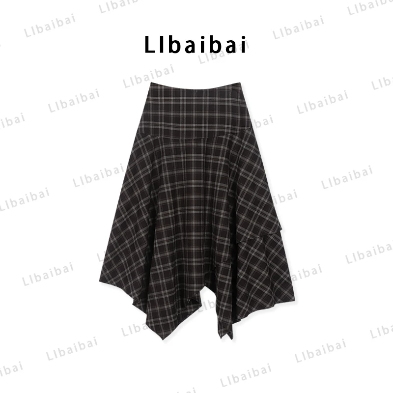 【LIbaibai】2025年早秋新款高腰显瘦格纹半身裙BB-2624