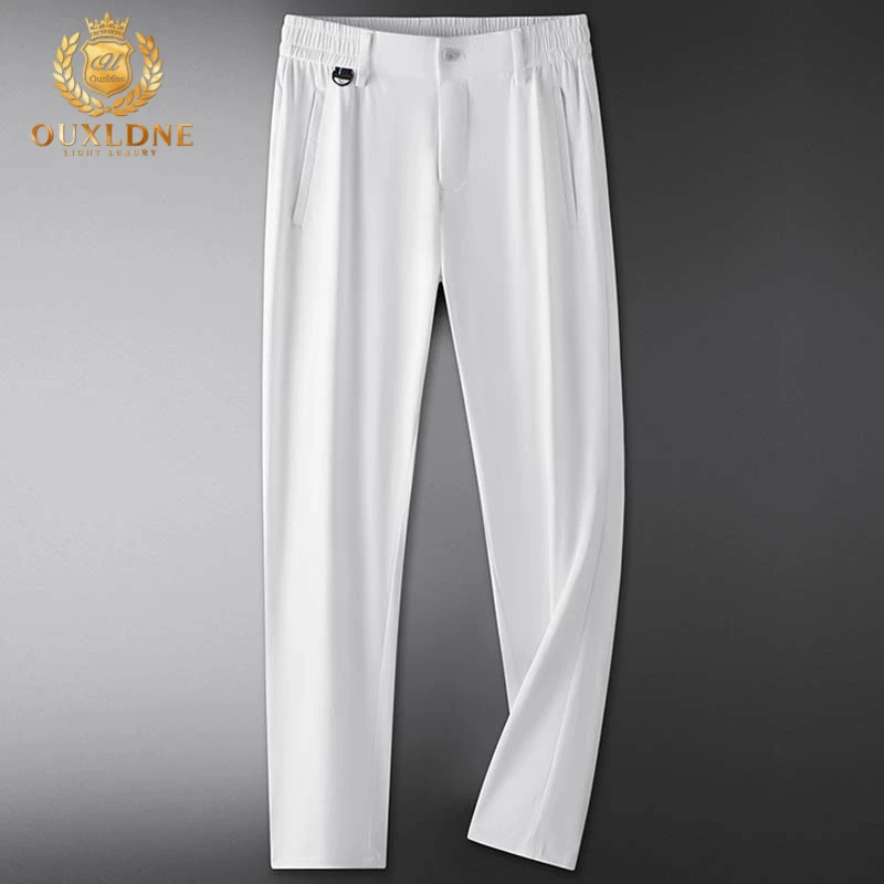 OUXLDNE 男士休闲裤夏季薄款冰丝白色裤子高级感胖子大码免烫西裤