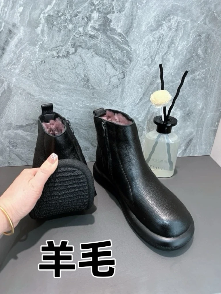 24年头层牛皮加厚羊毛马丁靴英伦风复古百搭手工短靴软底舒适女鞋