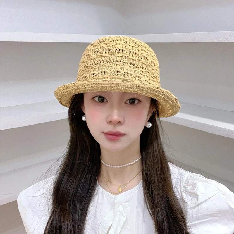 新款草帽卷边纯色渔夫帽夏季镂空透气防晒遮阳显脸小百搭盆帽子女