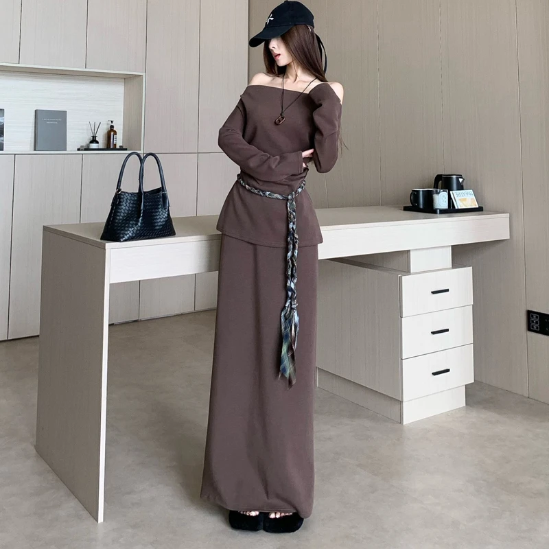 韩系斜肩时尚套装秋季新款配腰带斜肩上衣高腰半身裙超流行一整套