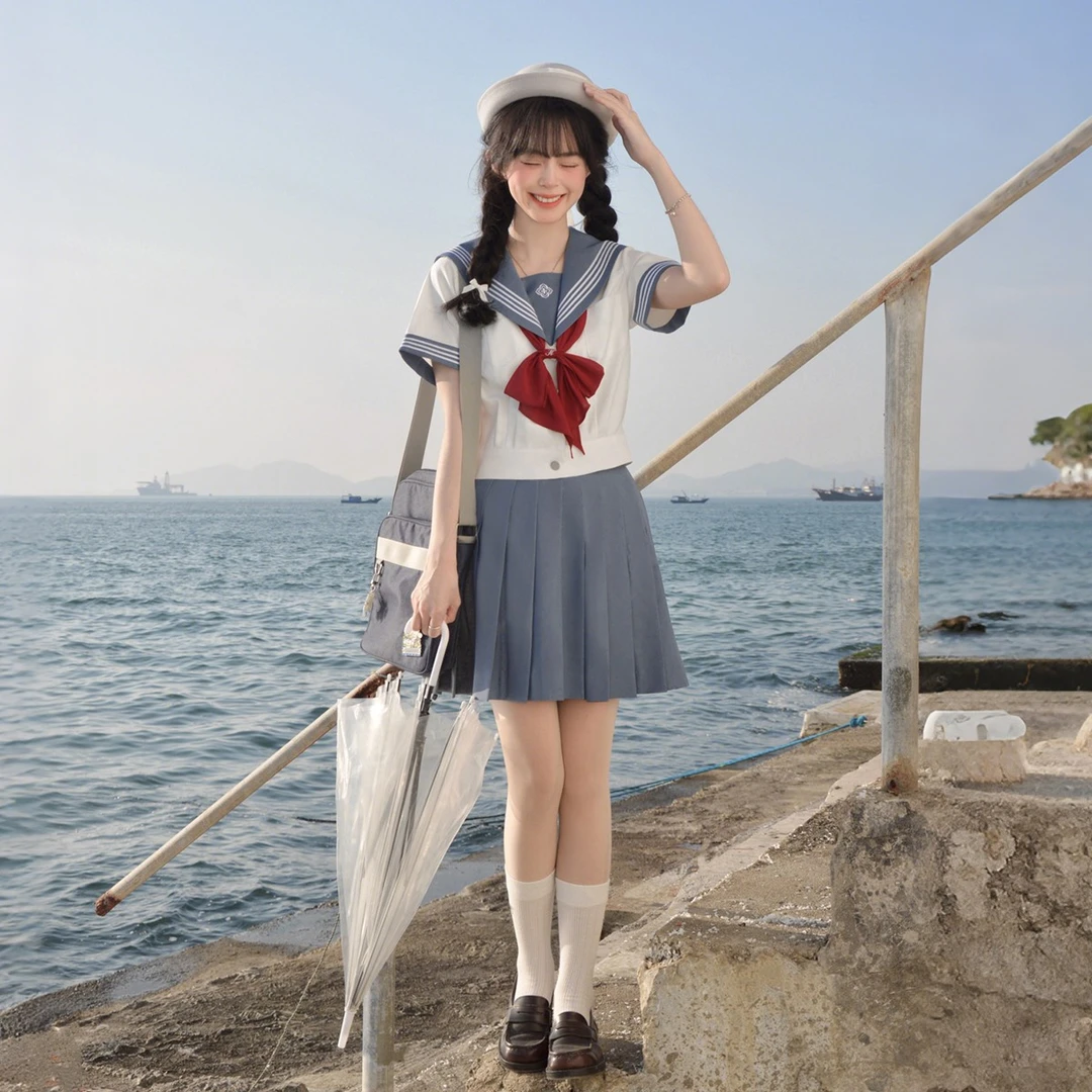 樱花家族jk制服【礼夏女子】校供感白三本水手服夏服短袖套装女
