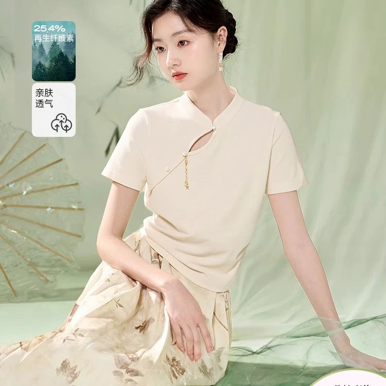 【绿子粉丝专享】X842196 T恤 香影新中式国风正肩女短袖夏季新款