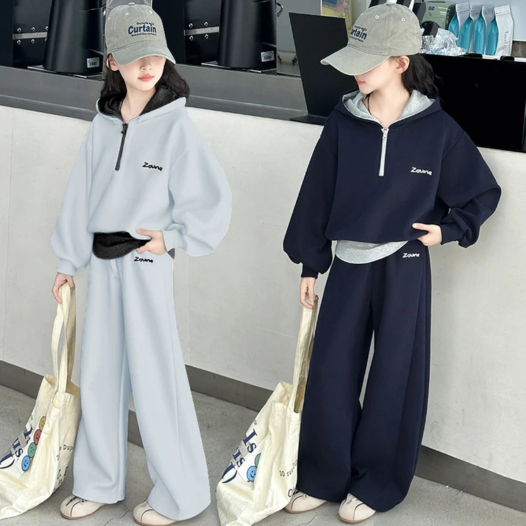 女童秋装假两件套2025儿童洋气女孩时髦卫衣套装中大童秋季运动装