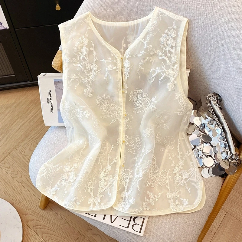 新中式轻国风马甲背心夏季薄款刺绣马夹坎肩复古无袖外套上衣