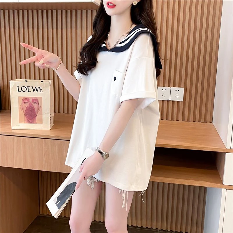 洋气独特别致设计感短袖t恤女胖mm遮肚显瘦藏肉大码女装纯棉上衣