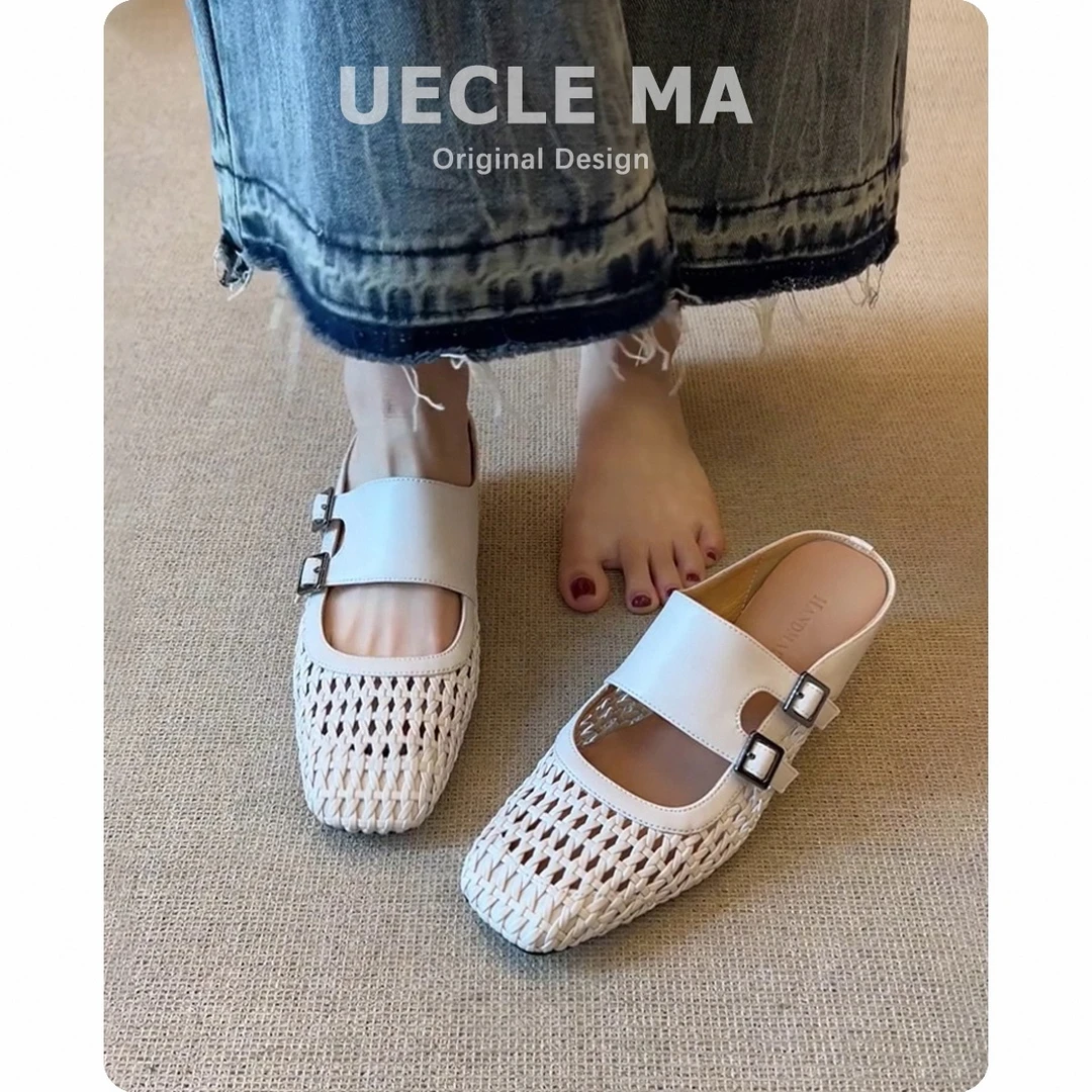 羊皮~包头半拖鞋女夏外穿内增高勃肯洞洞鞋编织透气凉单鞋穆勒鞋