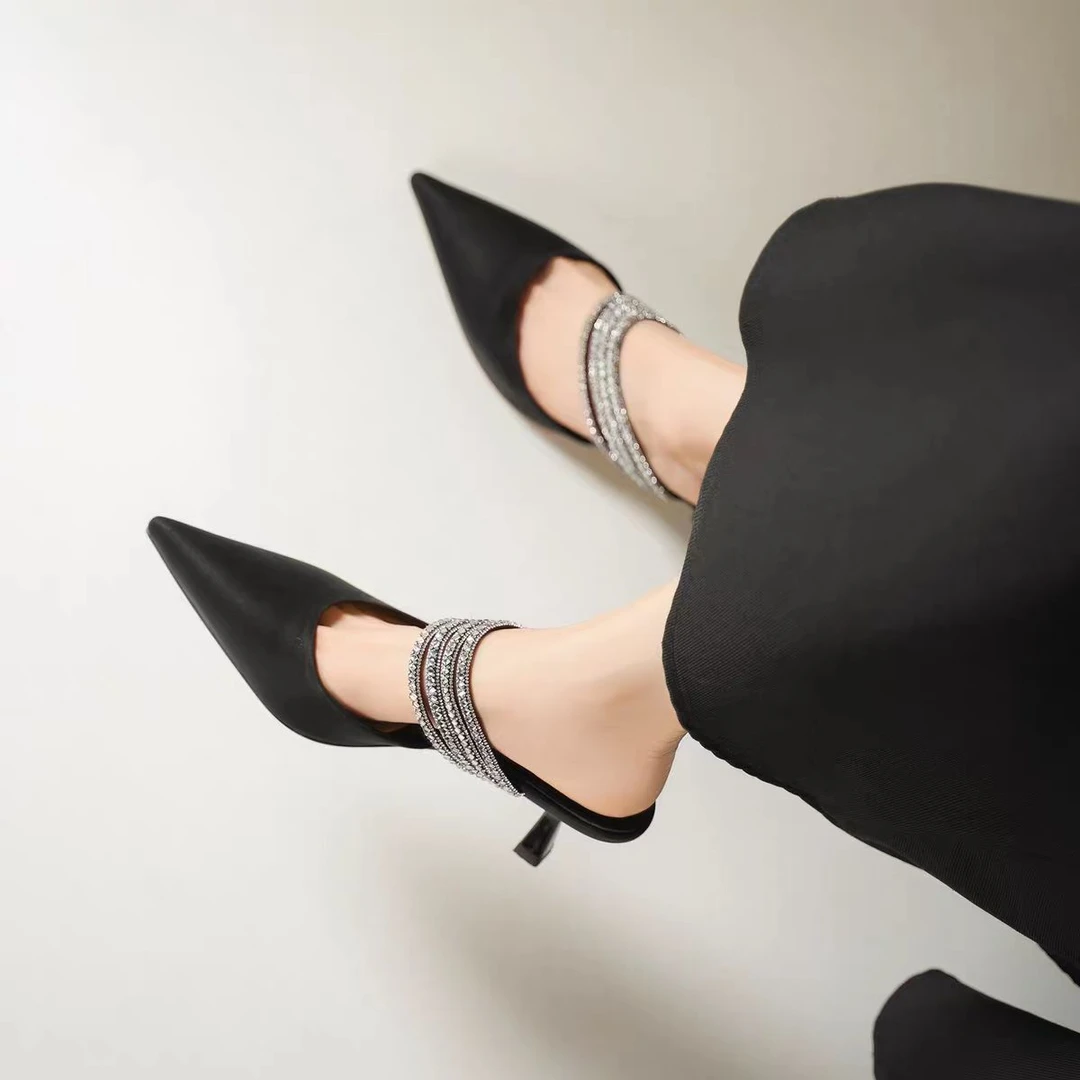 一代佳人2025夏季新款包头细跟半拖鞋女水钻外穿高跟拖鞋CKW52168