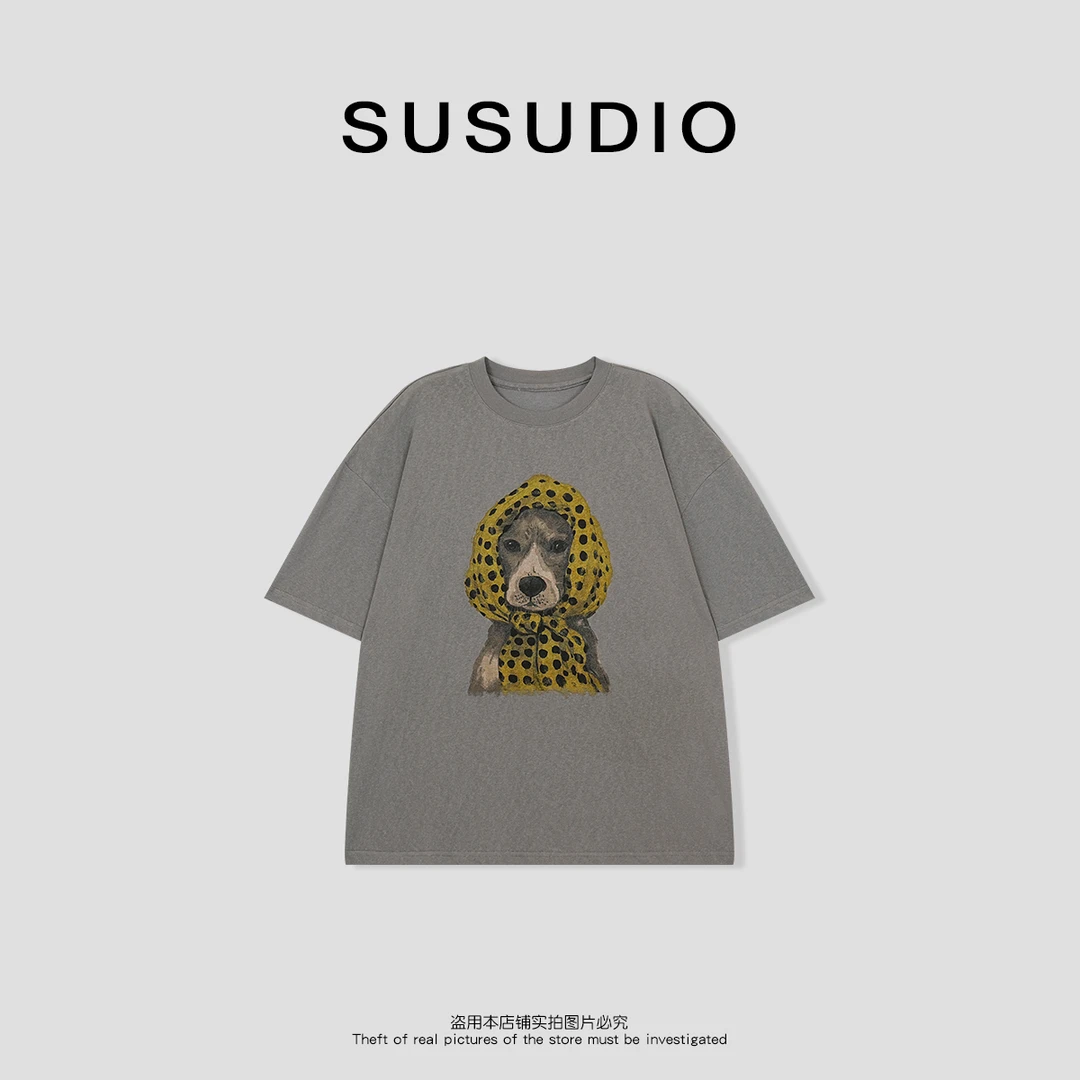 SUSUDIO 夏季休闲慵懒圆领狗狗印花短袖T恤10343