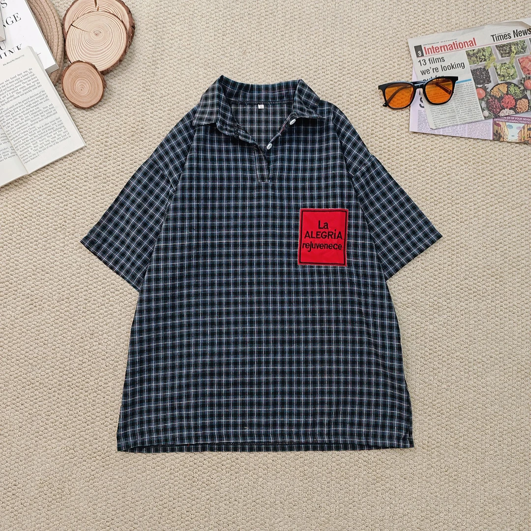 2025夏季新款宽松百搭时尚polo领格子字母印花短袖T恤3427