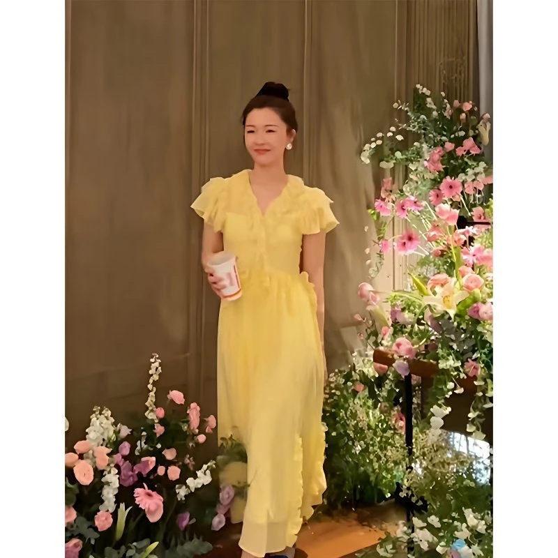 千语栀【雏田花见】法式纯色V领长裙连衣裙森系夏季荷叶边女装