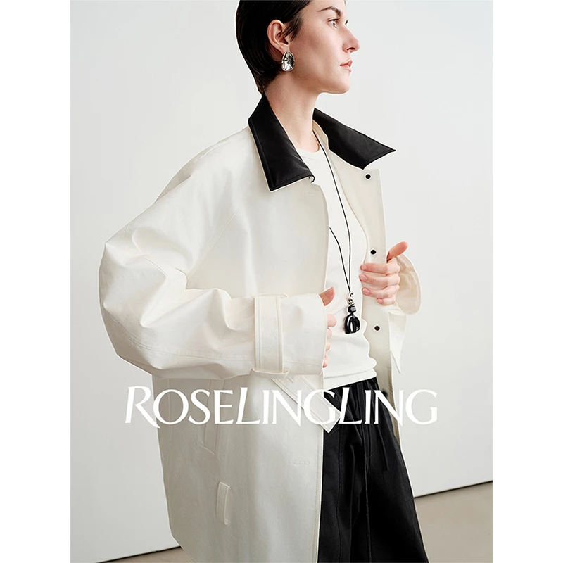 ROSELINGLING新季时髦 时装感棉质风衣面料黑白撞色领巴恩风外套