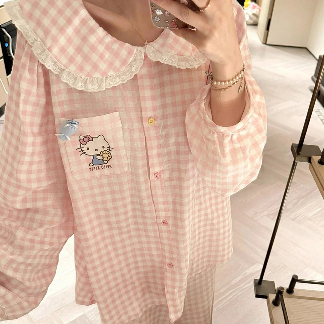 娃娃领甜美粉格春秋长袖可爱甜美少女风睡衣女家居服宽松可外穿