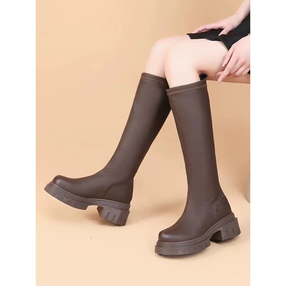 秋冬新款韩版通勤瘦瘦简约厚底裸靴长靴607（长靴分加绒和不加绒）