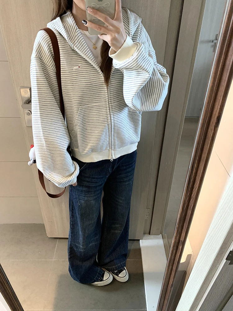韩系氛围感条纹开衫连帽卫衣女秋季新款小个子慵懒风休闲百搭外套