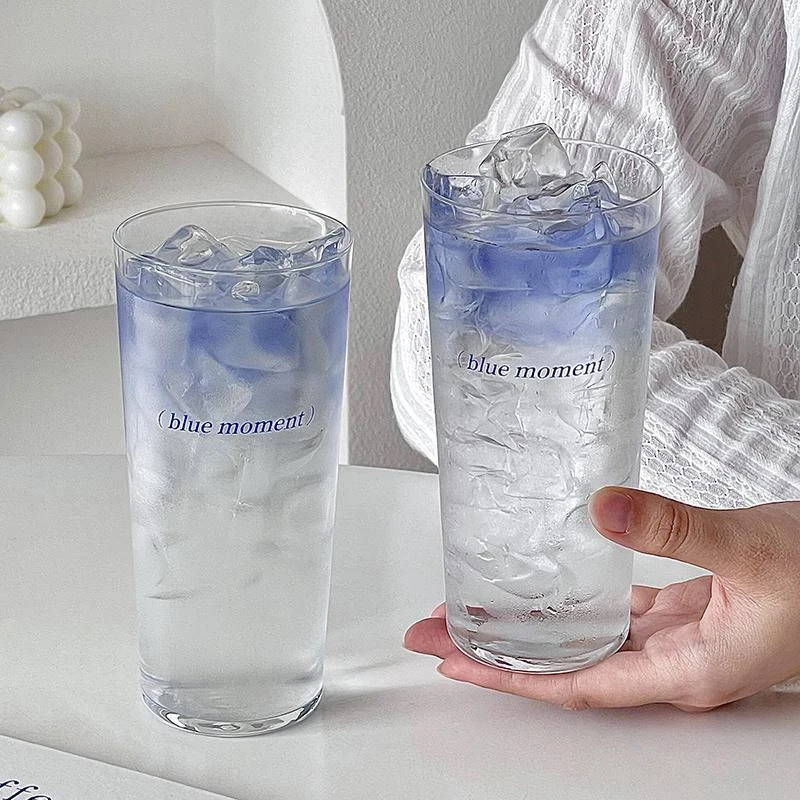 超薄斜身玻璃杯简约蓝色字母调酒杯长饮柯林杯鸡尾酒牛奶咖啡杯子