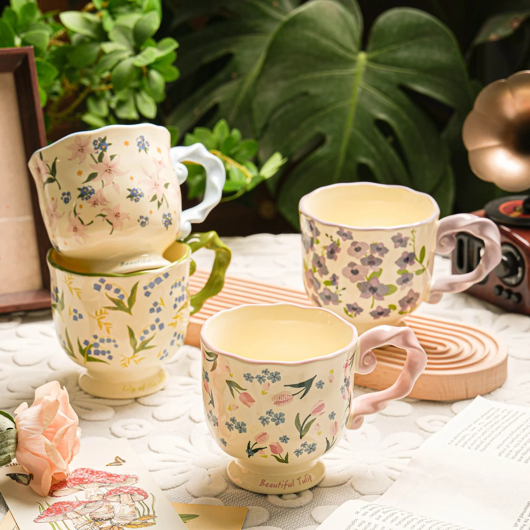 复古繁花陶瓷马克杯大容量早餐杯高颜值情侣水杯子家用办公女送礼