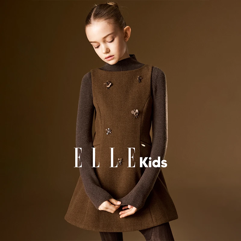 ELLE KIDS 钉花呢料连衣裙女儿童秋冬新款一字领收腰背心裙子D3