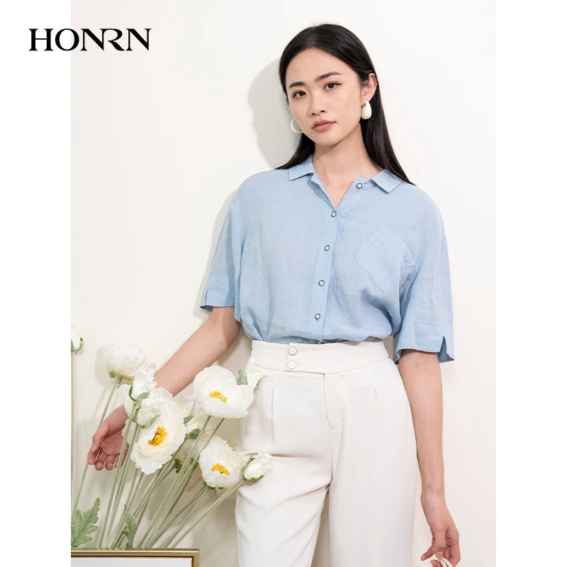HONRN/红人休闲宽松薄款亚麻短袖衬衣衬衫女上衣夏季HI22OC552