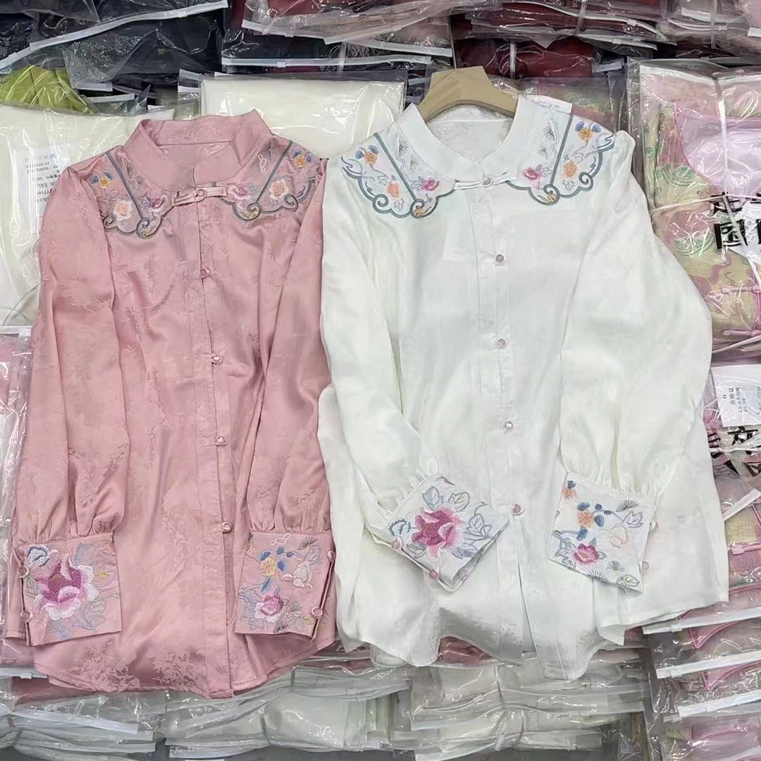 大聪国风刺绣贵气衬衫上衣胖妹妹新中式开衫打底衫77022