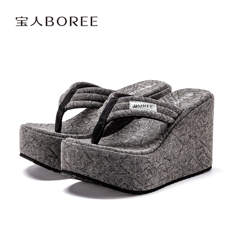 夏季新款10CM厚底高跟坡跟外穿度假风网红厚底人字拖