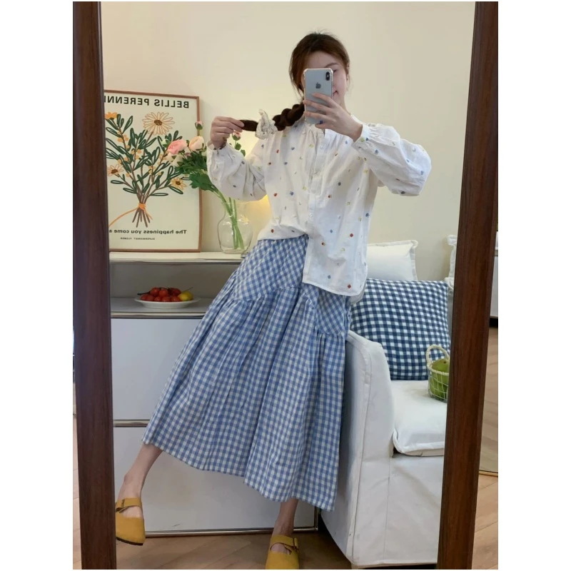 心动夏季多巴胺穿搭~梨型身材百搭蓝色格子纹气质显瘦遮胯半身裙