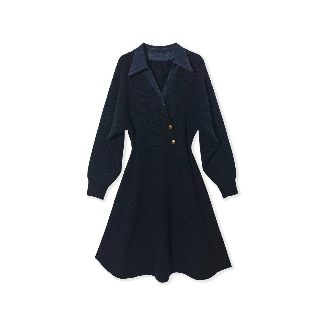 设计感牛仔翻领拼接假两件显瘦连衣裙