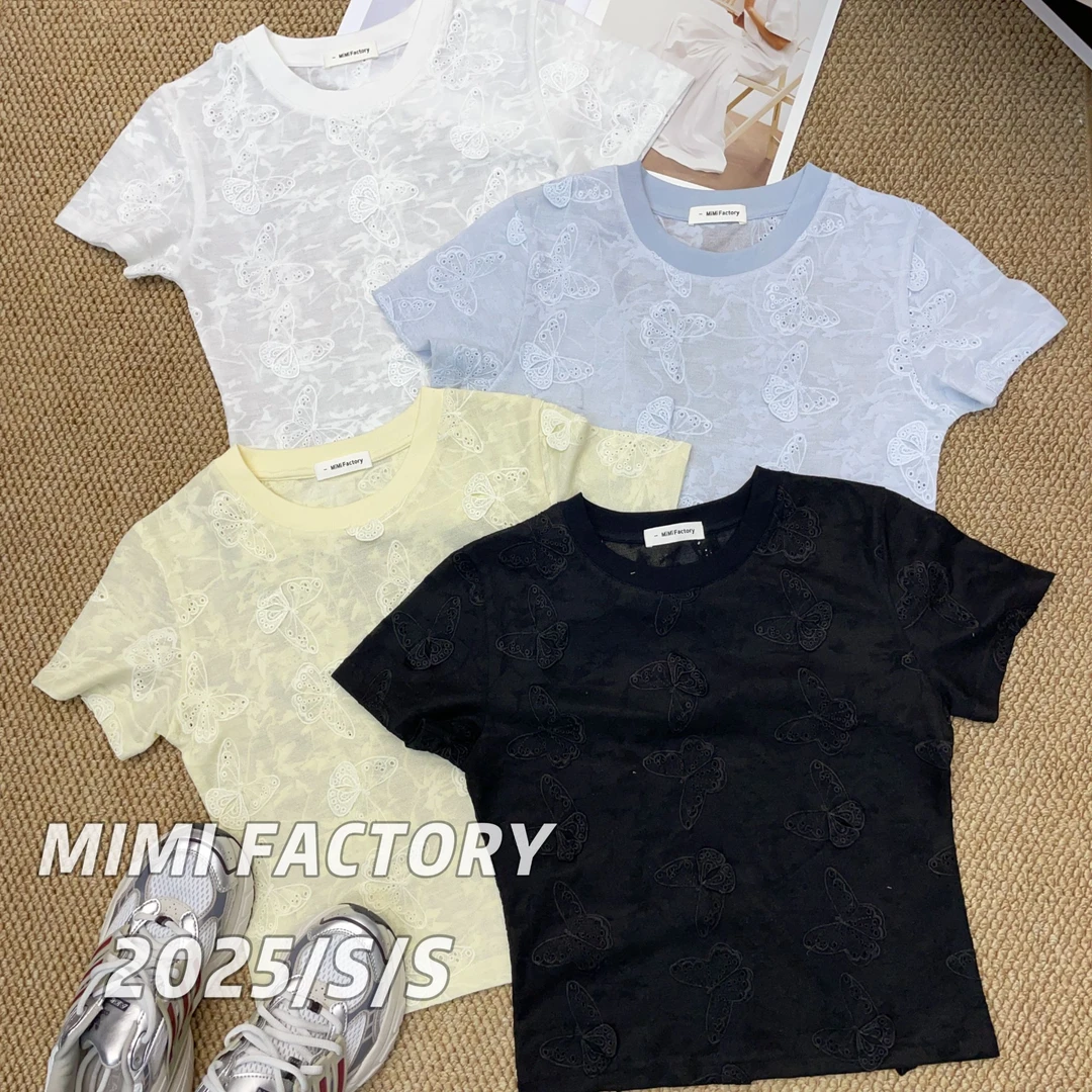 2025夏季新款 立体提花蝴蝶透凉短袖T恤女百搭显瘦上衣#021