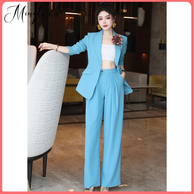 名缕品牌高级感名媛时尚套装气质收腰蓝色手工花朵西装阔腿裤两件