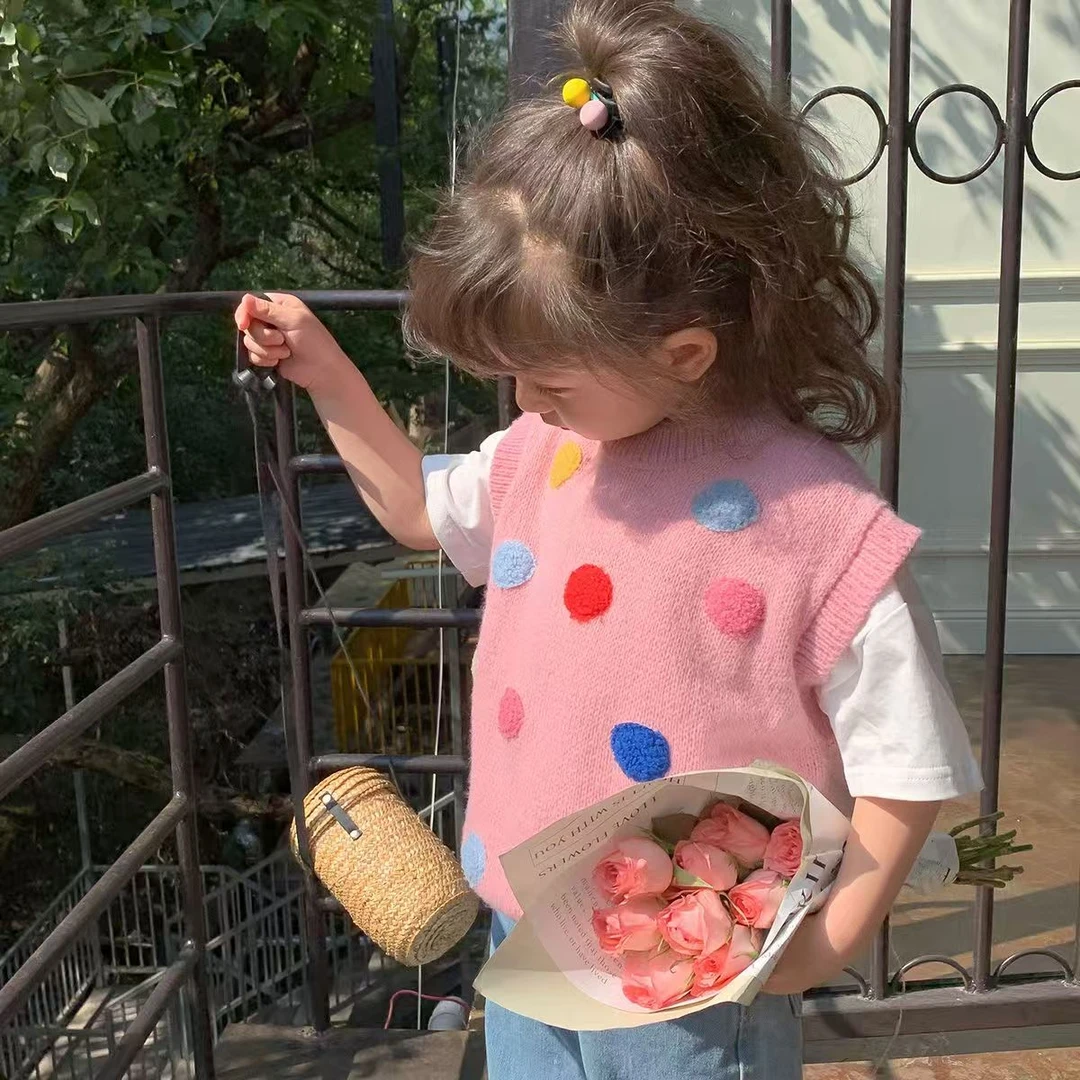 D122女童粉色洋气圆点毛衣马甲