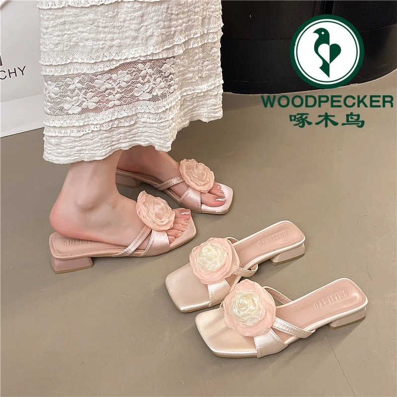 啄木鸟粉色花朵配裙子拖鞋女夏季外穿新款法式温柔仙女粗跟凉鞋女