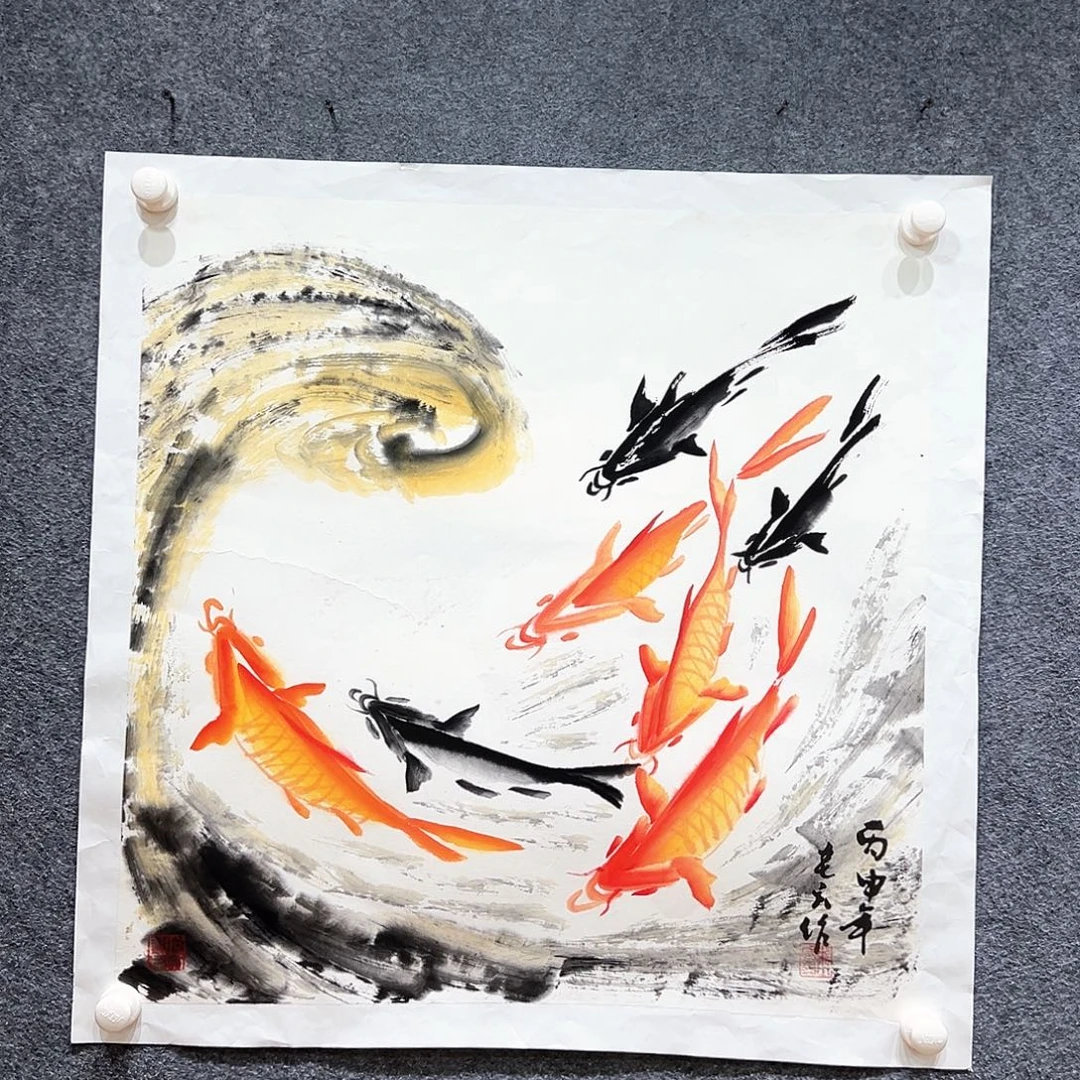 国画知鱼之乐纯手工画