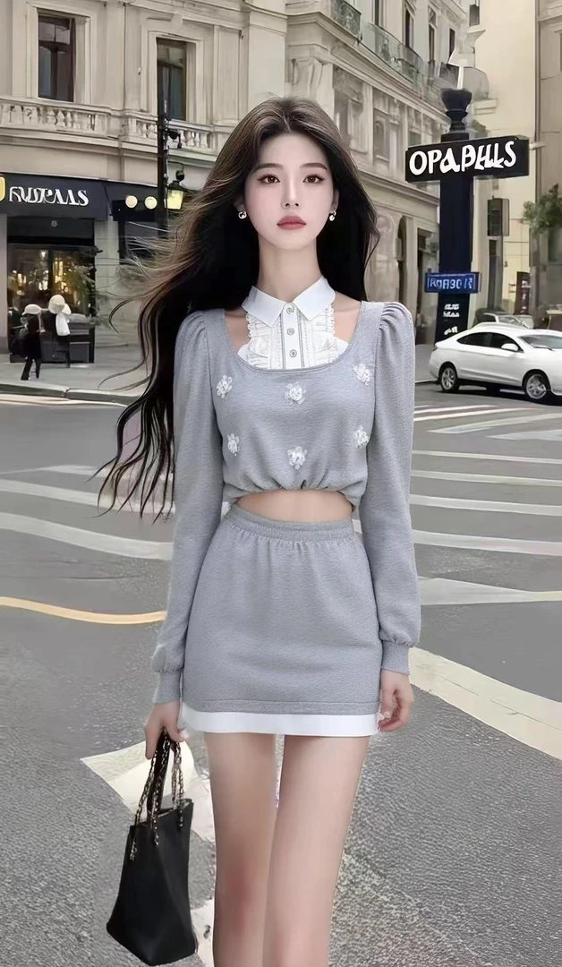 少女感纯欲风灰色不规则领型长袖短款上衣+包臀半身裙时尚两件套
