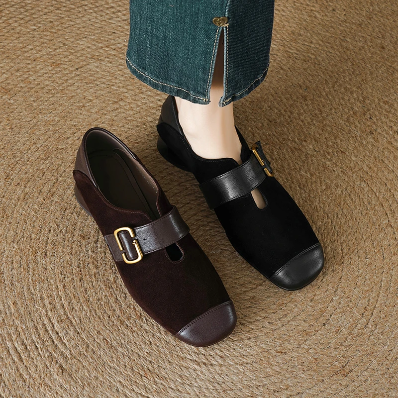 羊皮版真皮时尚棕色断码清仓法式复古单鞋女皮带扣深口低跟玛丽珍