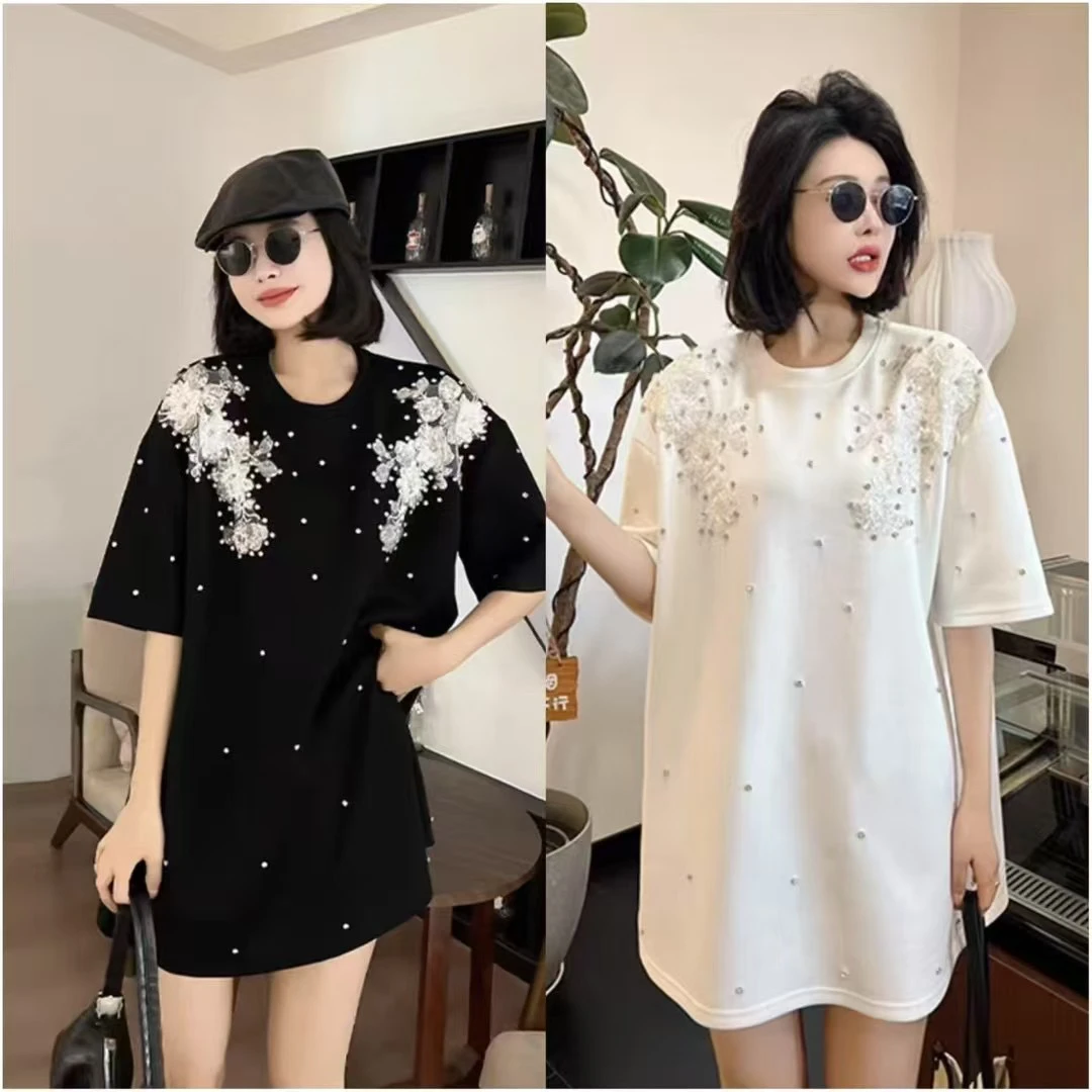 大码2025新款重工T恤短袖钉珠立体宽松夏季花朵显瘦上衣