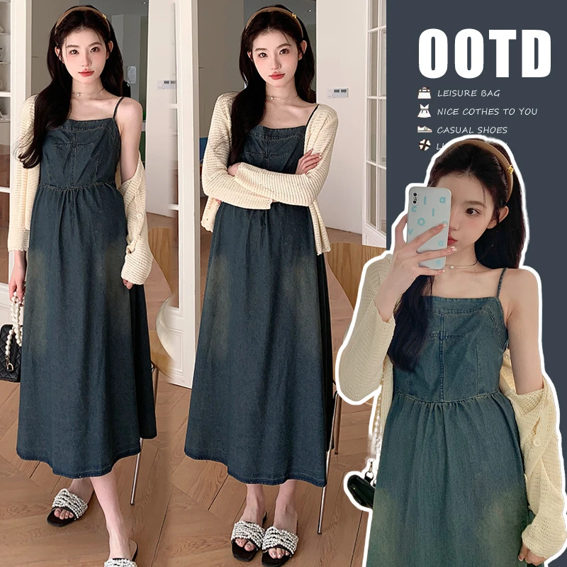 YNVO小个子2025秋季新品韩版薄款牛仔吊带连衣裙+防晒衣 孕妇套装