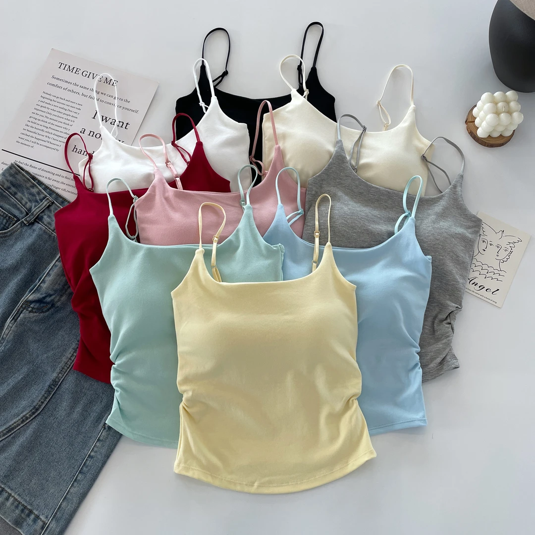 纯欲风褶皱吊带背心女夏季外穿带胸垫显瘦性感打底设计感美背上衣