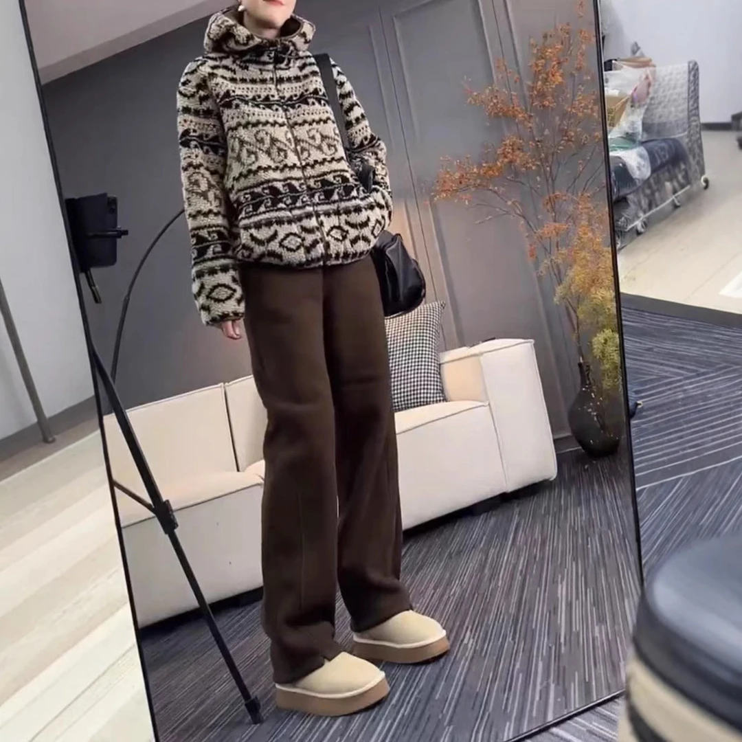 2025冬季新款复古花色保暖外套气质时尚修身显瘦休闲直筒卫裤女潮